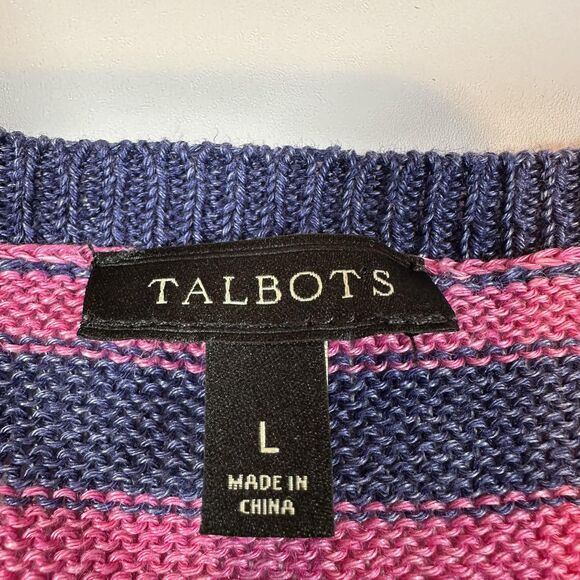 Talbots Sweater Women's L Blue Pink Stripe 100% Linen Knit Long Sleeve Pullover - Picture 5 of 9
